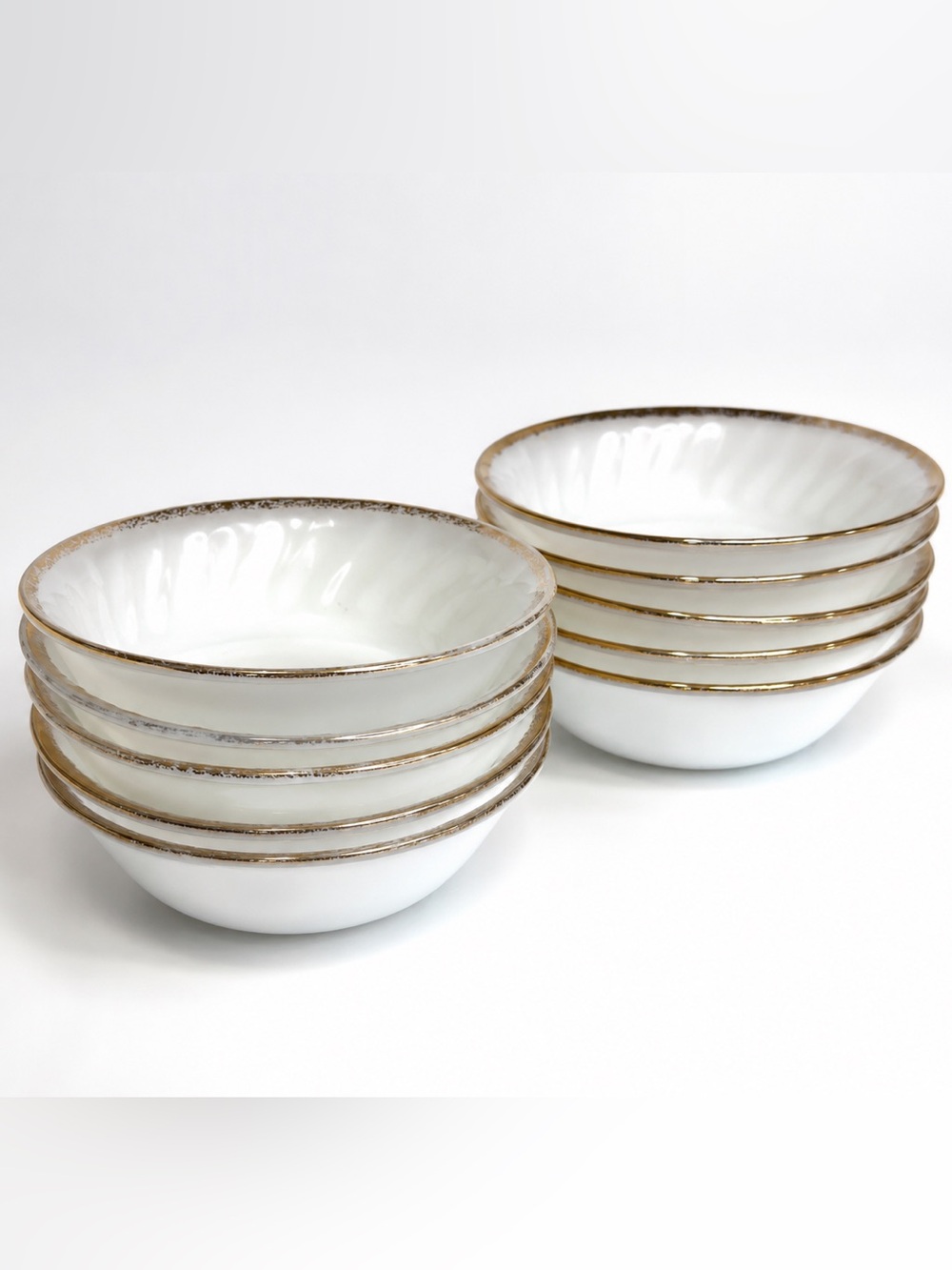 Vintage Fire-King Milk Glass Berry Bowls Set of 8 Gold Trim Swirl USA